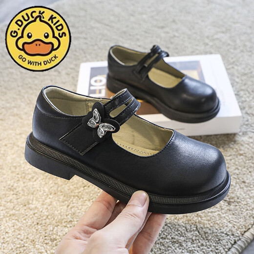 G.duck Little Yellow Duck Girls' Small Leather Shoes Spring and Autumn New Product 2025 Black British Style Princess Shoes Soft Sole Children's Performance Shoes JJL-Black C8062 Size 35 (Inner Length 22.5cm)