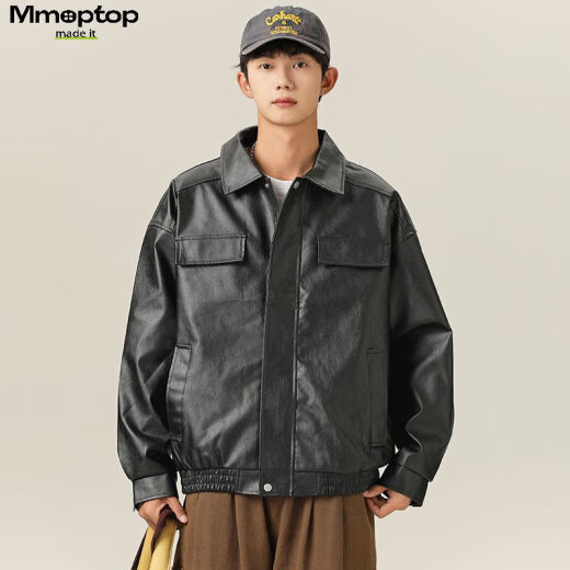 MMOPTOP潮牌美式鳄鱼纹PU皮衣外套男士春秋季翻领机车夹克YH26 黑色 L