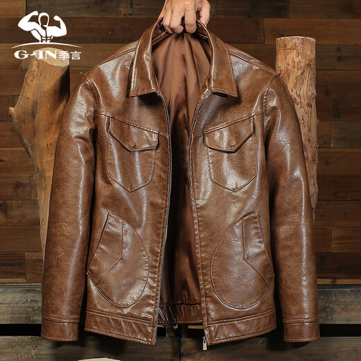 Ji Yan's high-end luxury jacket is trendy and handsome for men. American retro casual lapel leather jacket for men in spring and autumn with a high-end feel. Brown M
