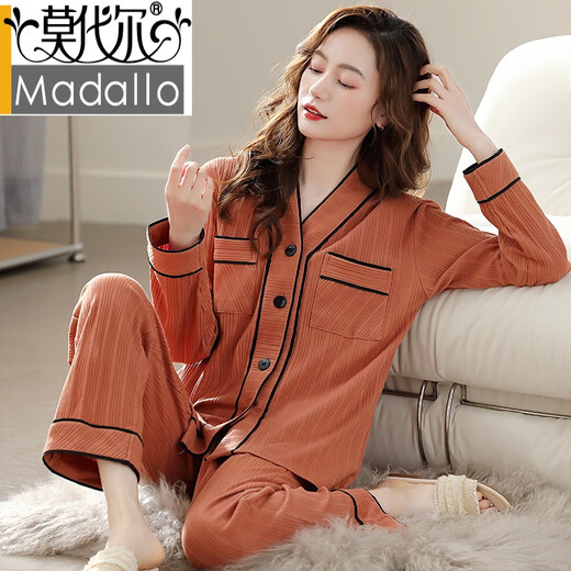 莫代尔睡衣春秋款女2024新款纯棉布料100全棉秀雅家居服女款春秋季 XEQ:9276桔色口袋黑边 纯棉开衫 L 【不起球/不褪色】