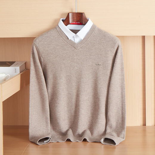 Pierre Cardin cardigan men's 100% wool fake two-piece sweater autumn and winter thick bottoming shirt warm shirt collar sweater for men light khaki M (170)