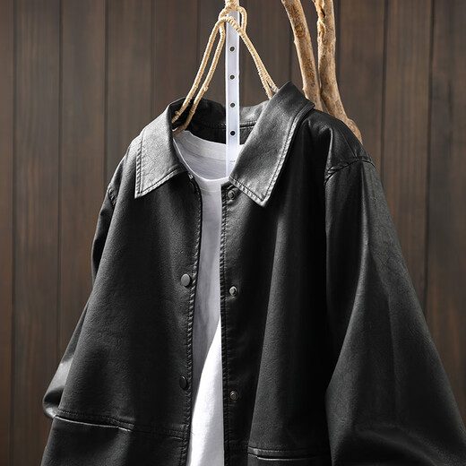 AEMAPE black leather jacket women's loose and slim spring and autumn new style lapel pu leather motorcycle jacket Hong Kong style jacket trendy black L -110-125Jin Jin equals 0.5 kg
