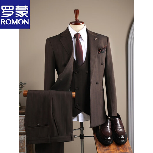 Luo Meng 2025 Spring and Autumn Suit Men's High-end Double-breasted Striped Suit Men's Suit Casual Groom Wedding Dress Brown (suit + trousers) 52/XL (125-135Jin Jin equals 0.5kg)