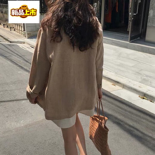 初径2025新款棉麻小西装外套女春秋新款韩版宽松休闲亚麻薄款西服复古 驼色 S