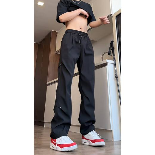 Digada American High Street Black Rivet Pants Men's Spring and Autumn Paratrooper Assault Workwear Straight Loose Draping Casual Pants LRB-K89 Black M
