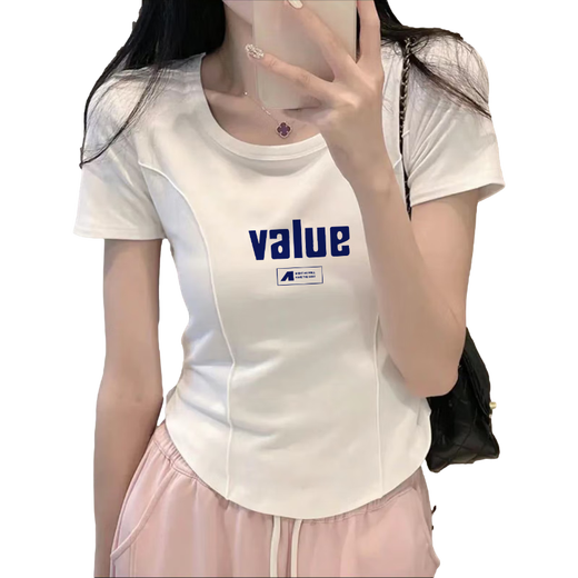 UZSC Camiseta de manga corta con dobladillo curvado irregular ajustada al hombro derecho de algodón para mujer en verano para personas pequeñas para pellizcar la cintura y lucir un top adelgazante de moda 869-blanco 112 M