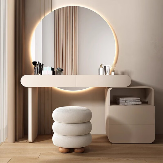 Excellent cream style solid wood dressing table bedroom drawer cabinet integrated bedside table light luxury 2025 new small apartment dressing table 120cm dressing table + drawer cabinet + large round mirror + stool