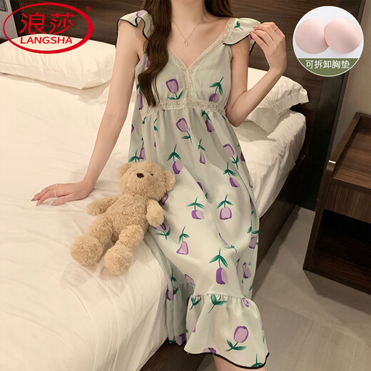 浪莎（LangSha）睡裙女士夏季带胸垫吊带性感甜美夏天2025新款孕妇宽松家居服睡衣 YZQ-9905 （可拆卸胸垫）520礼物 M (建议75-100斤)