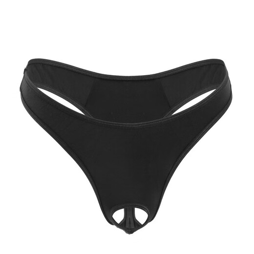 前开洞免脱冰丝男士情趣丁字裤 性感透明低腰T裤男式弹力情侣开档 黑色 均码