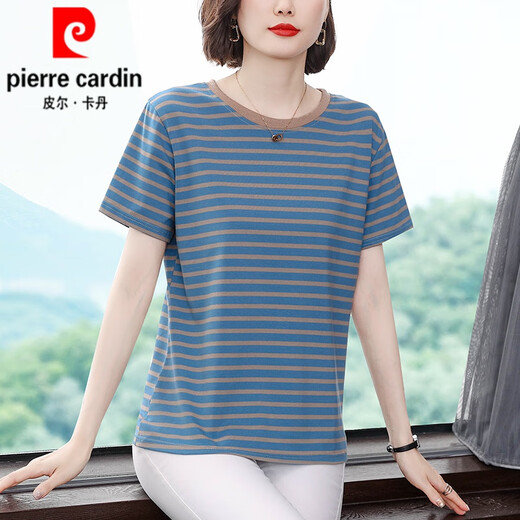 Pierre Cardin T-shirt à manches courtes pour femmes Pure Coton Mère d'âge moyen L Mother Suit 2025 Nouvelle grande taille l évolutive Loose Covering Striped aiguille 688 # à manches courtes [bleu brut] 2xl Recommandé 125-140jin [Jin est égal à 0,5 kg]