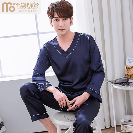 Modal Spring and Autumn Men's Long Sleeve Pajamas Men's Ice Silk Men's Thin Large Size Home Clothing Set Korean Summer Two-piece 718 Champagne L