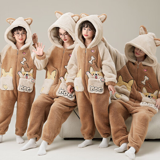 少年情话亲子睡衣秋冬款连体衣长袖珊瑚绒一家三口四口全家装儿童男家居服 YPF3893小狗 M 女M(80-100斤)