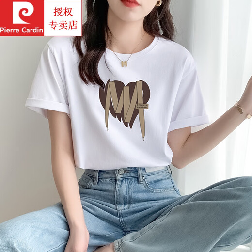 皮尔卡丹（pierre cardin）卡其色纯棉短袖t恤女夏大版气质潮牌体恤独特别致新款上衣设计感 卡其色 653 L