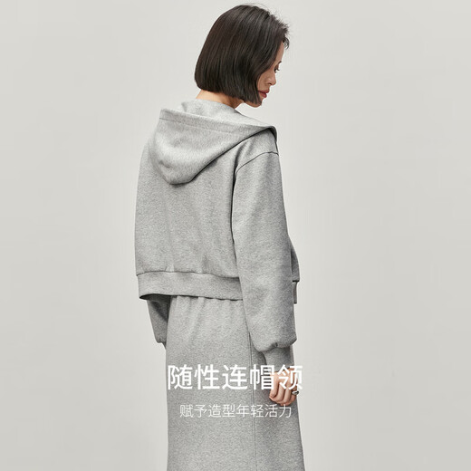 Chandubila comfortable and casual zipper hooded collar off-shoulder sweatshirt elastic waist draped large hem fishtail skirt cotton suit floral gray M