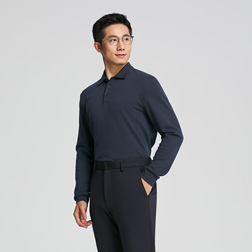 YOUNGOR POLO shirt men's autumn long-sleeved POLO shirt wool jacquard fabric soft and comfortable shopping mall same style Navy YLYM515100FFA L