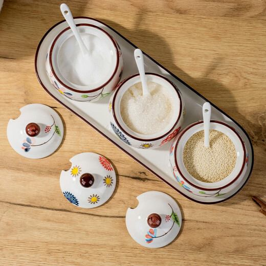 Huangsi ceramic seasoning jar combination household seasoning box kitchen storage seasoning utensils salt jar sugar jar chili jar seasoning jar ceramic seasoning jar with spoon (without tray)
