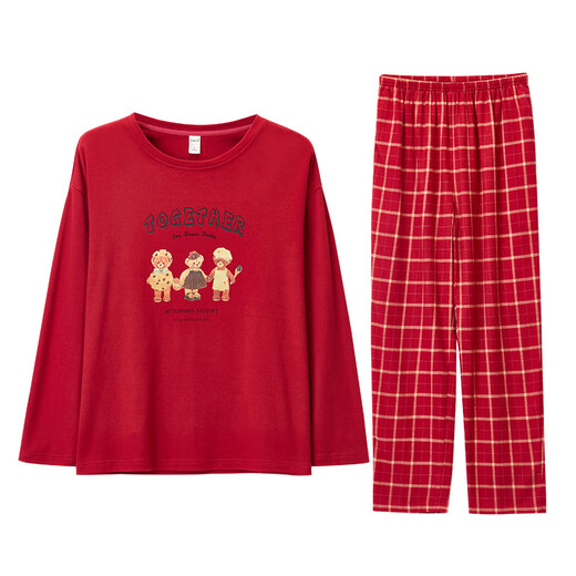 Darli red round neck couple pajamas for women spring and autumn pure cotton long-sleeved cartoon print wedding year red home clothes for men T8245243-029-red women M