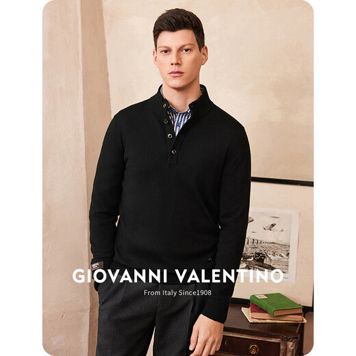卓凡尼·华伦天奴（GIOVANNI VALENTINO）纯羊毛半开领套头毛衣针织衫男装男款半高领羊毛衫 黑色 XL 