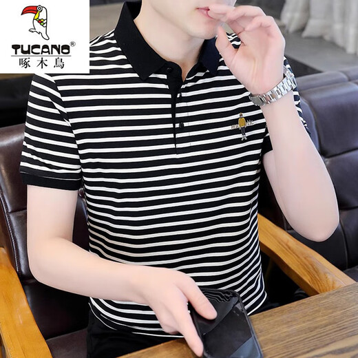 Woodpecker (TUCANO) men's striped POLO Paul shirt short-sleeved T-shirt for men in summer. Cotton half-sleeved new high-end embroidered top for men Y6626 gray XL [1020-135]Jin[Jin equals 0.5 kg]