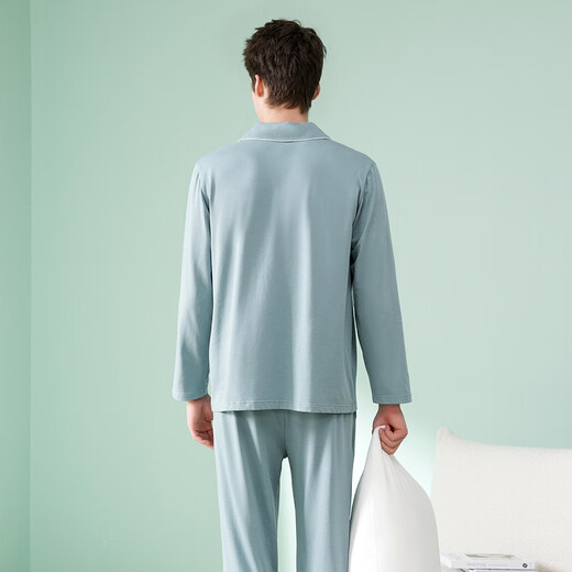 Fenton pure cotton anti-mite Fan Chengcheng's same style star's same style lapel simple cardigan men's cotton home clothes suit gray green-men's XL