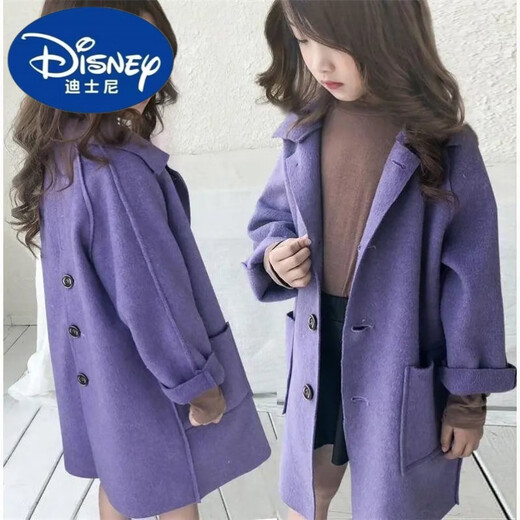 Disney Girls' Spring Clothing 2024 Large Children's Reversible Woolen Coat Korean Style Children's Spring and Autumn Clothing Woolen Coat Pink Double-Sided Woolen Coat 150