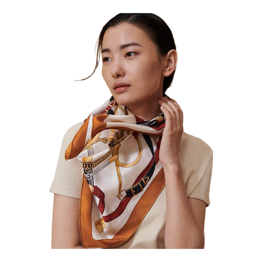 Hermes (HERMES) new silk scarf for women, double-sided shawl, hand-stitched edge 88.5x88.5 cm, caramel color