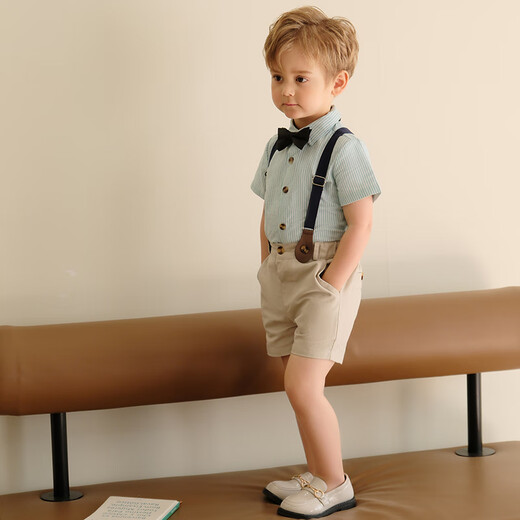 Luobobe (luobobeibei) Kinderkleider Jungen Frühling und Sommer Britisch-Streifen-Overhirts Hemd Set Green Shirt Vierteilige Set 120