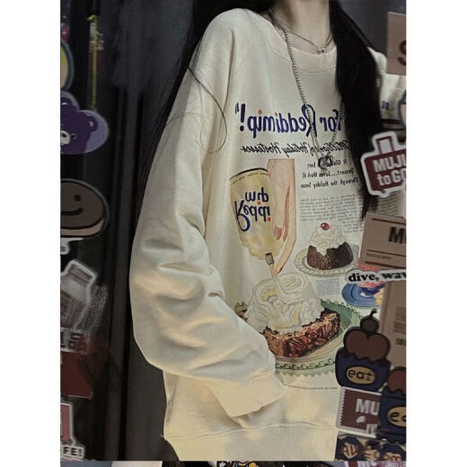 Zice Lazy Sweatshirt Women's Spring and Autumn Student Party Round Neck Printed Sweatshirt 2023 New Fashion Brand Autumn and Winter American Retro Round Neck 3600 Spring and Autumn Thin 1 Style Cheese Kitchenware - Milk Apricot M Recommended 60 Jin [Jin equals 0.5 kg] - 100 Jin [Jin equals 0.5 kg]