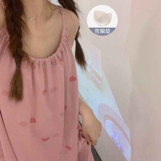 Cheng Baobao summer sexy suspender nightgown for women with breast pad new pink girl loose summer thin pajamas AF9207 Xiaoyunduo Set Fixed chest pad M