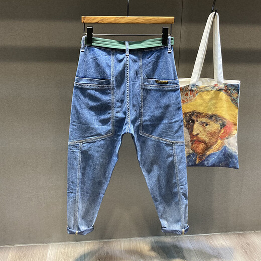 北海二巷拼接立体大口袋工装牛仔裤男夏季薄款宽松九分锥形萝卜哈伦裤修身 蓝色 36 (175-185斤)
