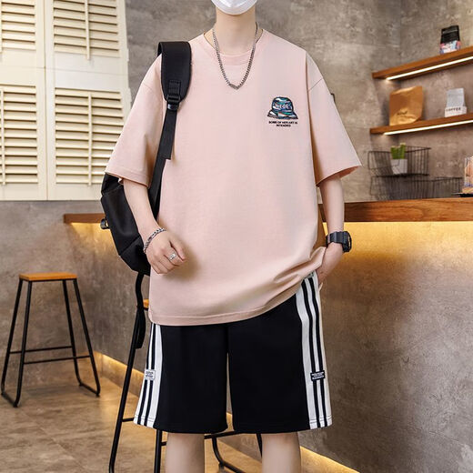 卡度顿青少年男孩短袖t恤夏季初高中学生休闲运动套装潮流帅气大童体恤 7027白色套装 M 建议80-100斤左右