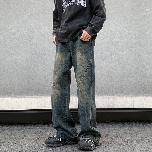 迪伽达牛仔裤男秋季新款美式复古潮牌拼接宽松垂感阔腿直筒微喇裤子男 CYX-N829复古蓝 2XL