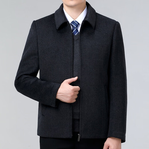 皮尔卡丹高档羊毛夹克男士外套2023秋冬季中老年保暖商务休闲毛呢上衣 28812深兰色 190/3XL