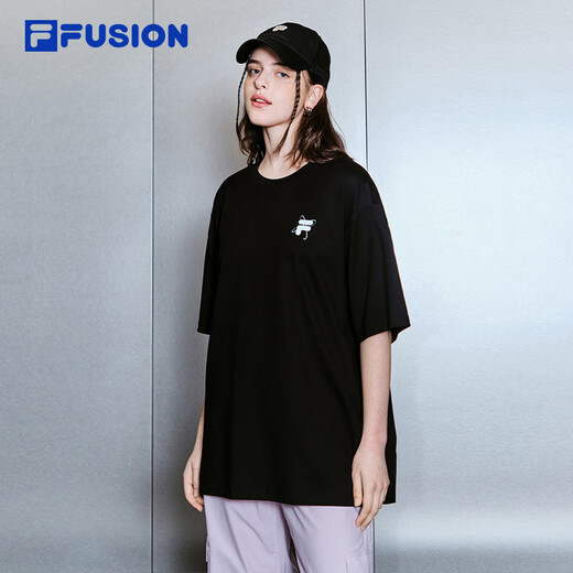 FILA FUSION斐乐潮牌情侣款针织短袖衫2025春新款凉感宽松纯棉T恤 正黑色-BK L