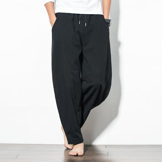 Yuguan más tamaño grasa estilo chino pantalón de rábano suelto pantalones de algodón lino de lino de lino casual hombres 300 jin [jin equivale a 0.5 kg] pantalones de linterna de cintura alta negra (linterna nueve puntos) 6xl 260-290 Jin [Jin equivale a 0.5 kg]