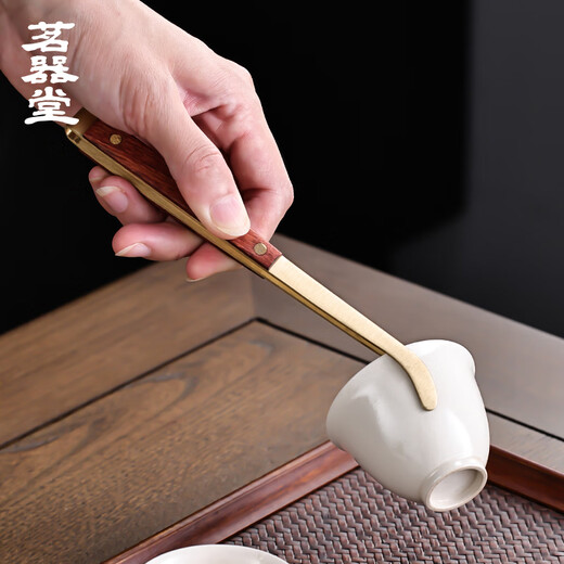 Mingqitang Brass Solid Wood Tea Ceremony Six Gentlemen Set Tea Clips Pot Pen Tea Fork Tea Spoon Tea Knife Tea Making Tools Tea Accessories Copper Wood Tea Clip (Ebony)