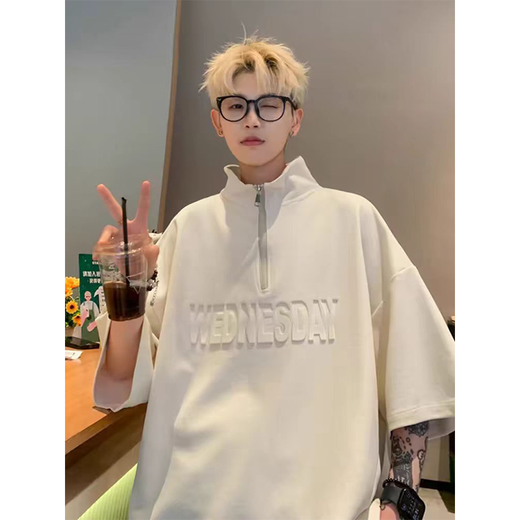 7 отличных продуктов мужская футболка с короткими рукавами, летняя новая рубашка-поло в американском стиле, свободный воротник-стойка с полувысоким воротником, пятиточечный топ с половиной рукавов для мужчин CQS-866, черный L