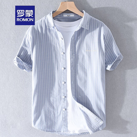 罗蒙（ROMON）日系条纹刺绣短袖衬衫男夏装新款休闲文艺上衣宽松半袖潮流衬衣潮 9721黑色 M100-120斤左右