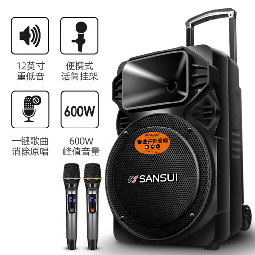 SANSUI A12-66 12-inch Square Dance Speaker Outdoor Karaoke Subwoofer Bluetooth Speaker Portable Karaoke Mobile Stage Trolley Speaker High-Power Amplifier Basic Version (12-inch Subwoofer + No Microphone)