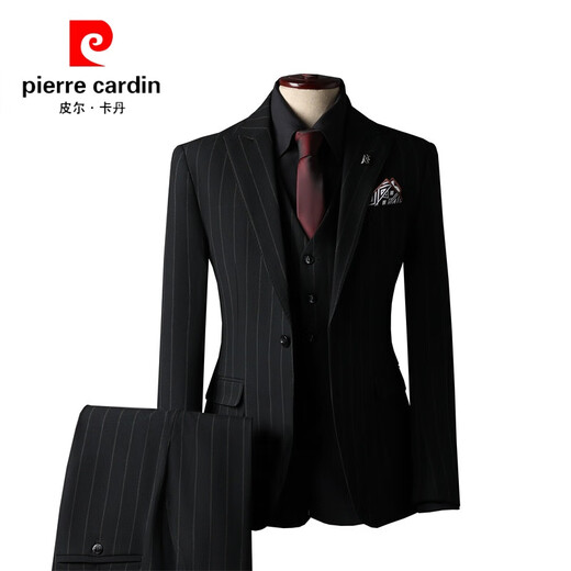 Pierre Cardin Striped Suit Men's Full Groom's Suit British Style Groomsmen's Clothes Business Formal Wedding Suit Men's Black (Suit+Vest+Trousers) S 46(80-100Jin Jin is equal to 0.5 kg)