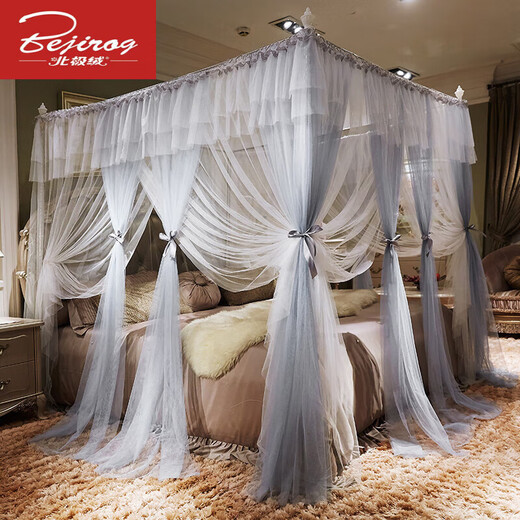 Green dyed Arctic velvet 2023 double-layer new mosquito net household bedroom princess style three-door palace floor stand 2023 pattern Fengying-gray white-+lamp 1.5m (5 feet) bed