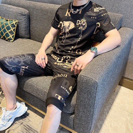 GTYUWVG2025夏季冰丝套装男士潮牌潮流短袖欧货男装夏装迷彩T恤衣服 829卡其色套装 M  适合85-105斤