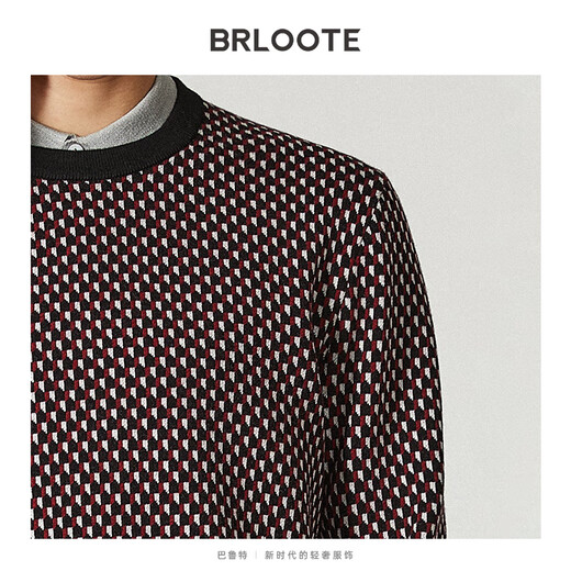 Brloote jacquard wool sweater for men, diamond plaid sheep wool warm sweater for winter, black and red 170/92A
