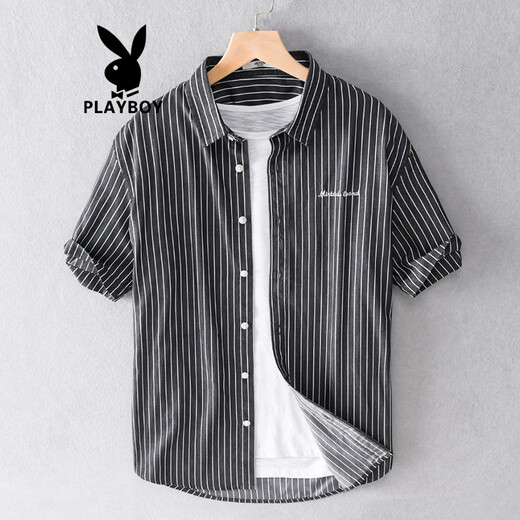 花花公子（PLAYBOY）夏季纯棉日系新款休闲短袖衬衫条纹免烫帅气男士衬衣服 9738黑条纹 2XL 145斤左右