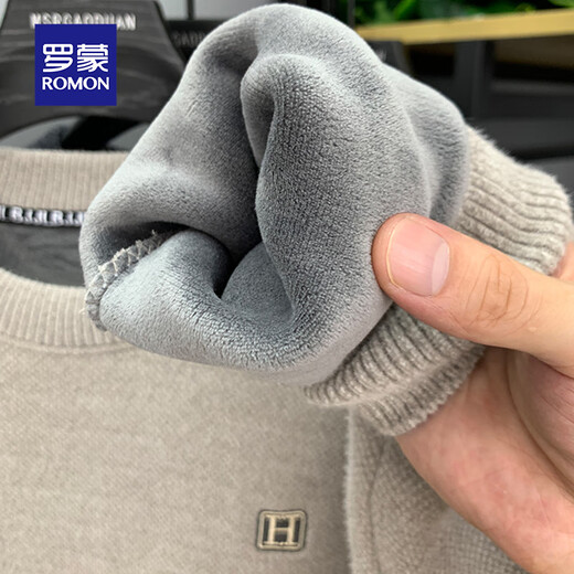 Luo Meng all-in-one velvet high-end round neck sweater men's autumn and winter velvet thickened warm base sweater clothes light gray M