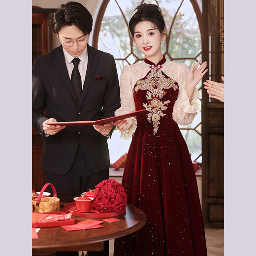 Li Baixin Chinese style cheongsam toasting dress 2025 new bride wedding luxury autumn and winter red wedding dress engagement dress spring burgundy long style XL recommended 110-120Jin Jin equals 0.5 kg