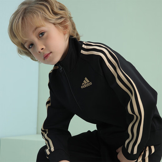 Adidas Chaqueta para niños Spring Cardigan para niños al aire libre Sports Versátiles versátiles de cuello negro/oro 128