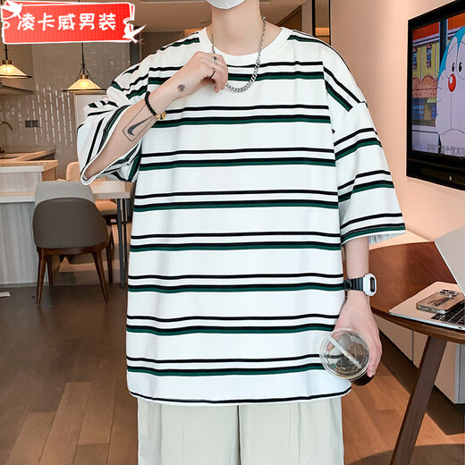 凌卡戚夏季短袖男潮流百搭条纹棉T恤青年学生帅气圆领半袖体恤港风上衣 TJB9227橙黄色 M 90-120斤