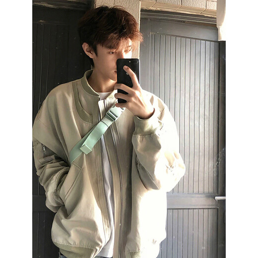 Qumile American high street vibe pilot coach jacket men's autumn and winter loose workwear shoulder pads baseball uniform jacket gray 2XL recommended 140-160Jin Jin equals 0.5 kg