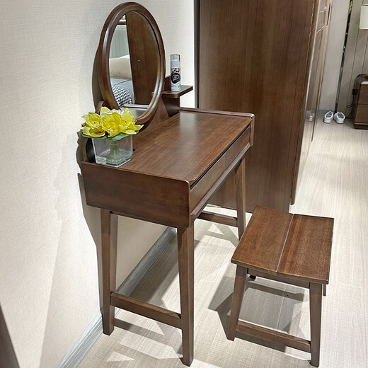Feile Xiong walnut solid wood dresser modern simple home master bedroom dressing table storage cabinet integrated small dressing table walnut dresser + makeup stool 80*40*130cm